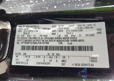 2020 Ford F-150 King Ranch z USA, uszkodzony, nr VIN 1FTEW1C58LFA13758